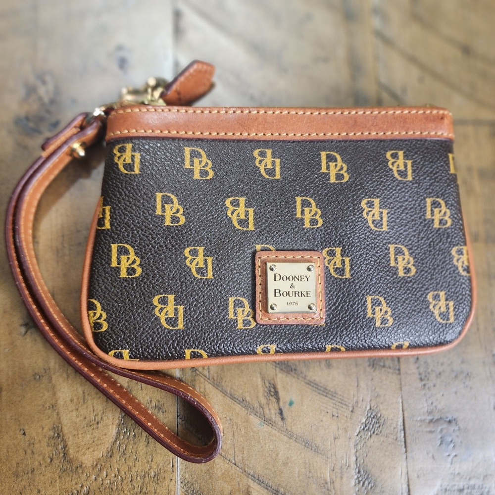 Dooney & Bourke Signature DB Monogram Wristlet Pouch Brown Tan Leather Trim